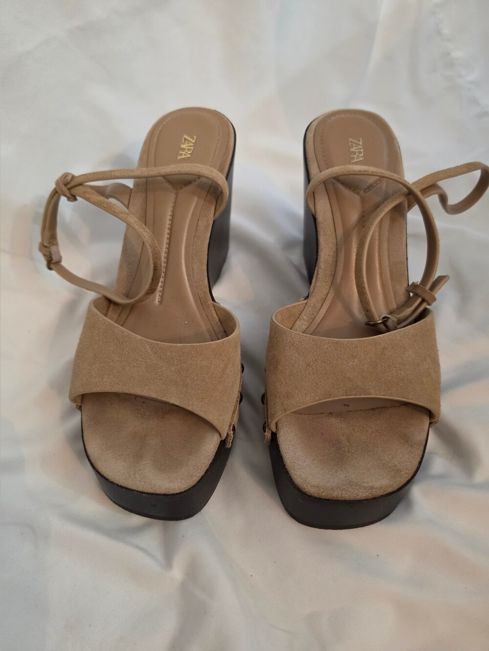 Zara Beige Suede Studded Wedge Sandals Platform Ankle Strap with Dust Bag 7.5
